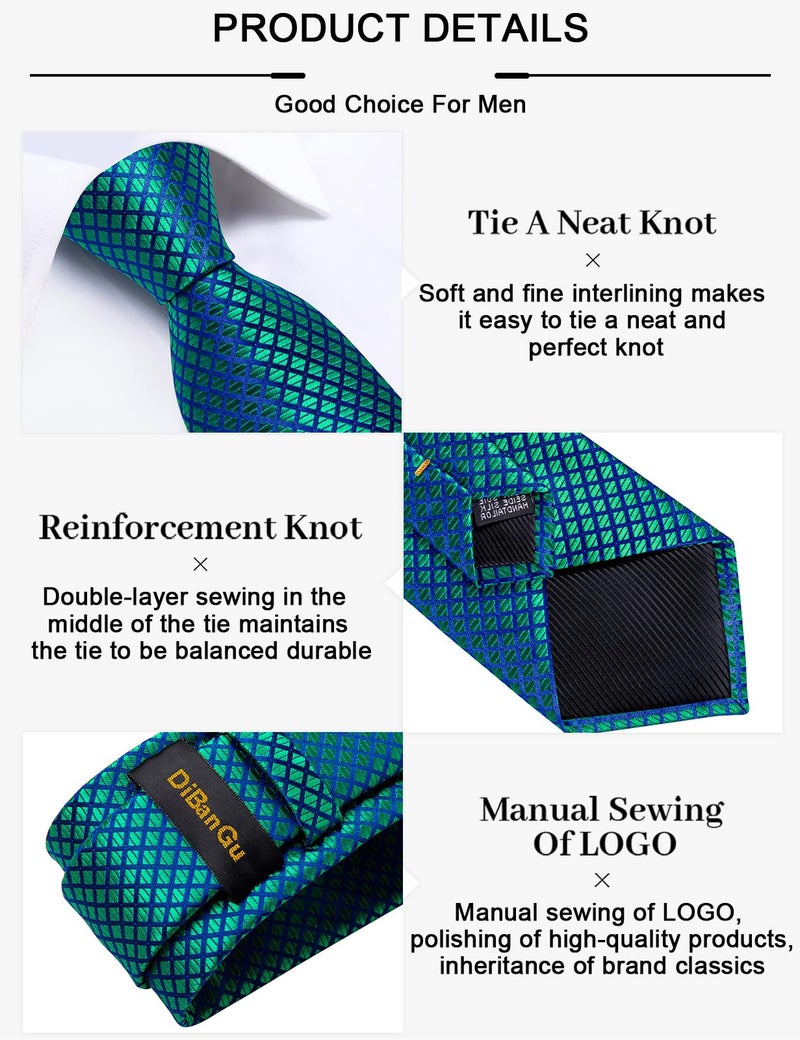 DiBanGu Plaid Ties for Men Silk Checkered Necktie and Pocket Square Cufflinks Tie Clip Set with Gift Box for Wedding Business, Turquoise - Image 5