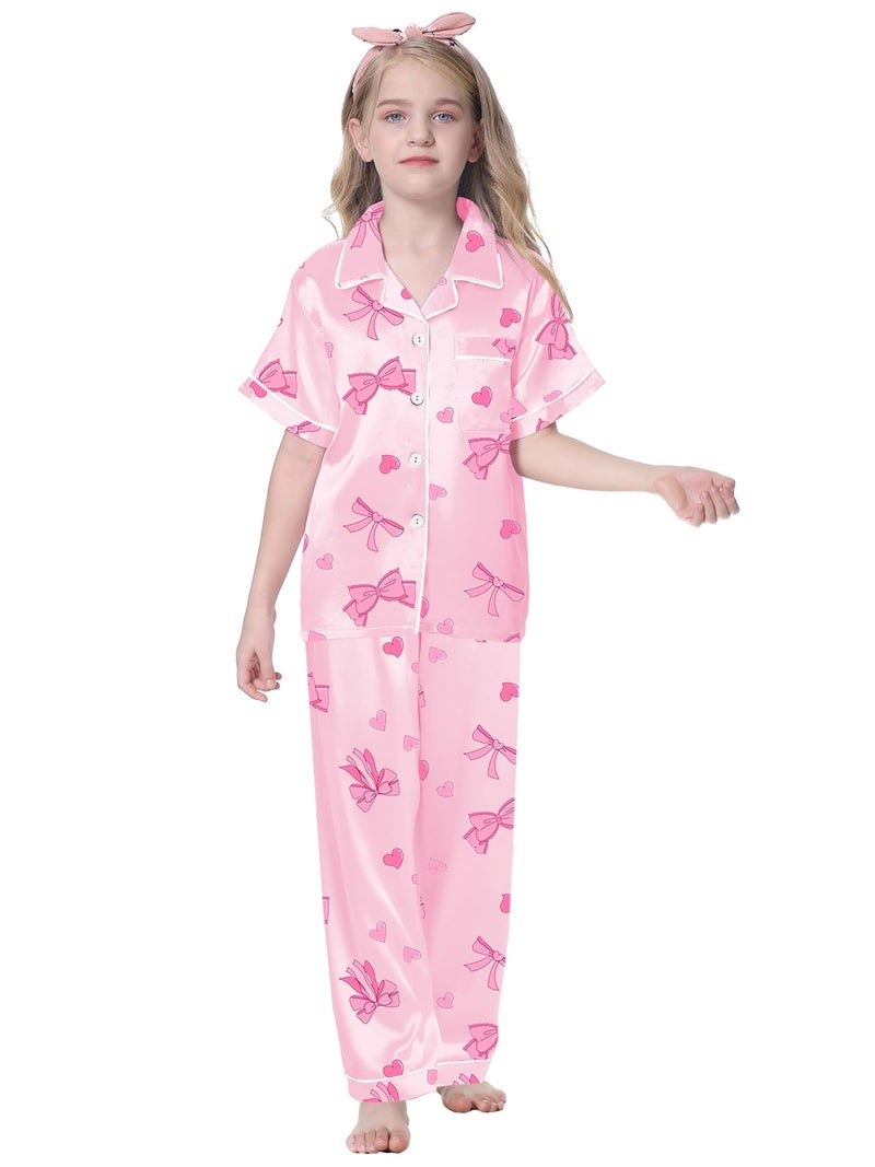 Umeyda Girls' Pajama Sets, Satin Silky Pjs 2 Pcs Short Sleeve Long Pants Soft Comfort Lounge Sleep Set, Pink Bowknot Heart, 7-8 Years = Tag 140 - Image 4