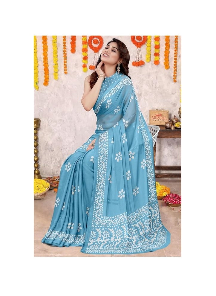 Accessorize Kingdom - Women's Latest Chiffon Batik Printed Saree with Blouse Piece - Image 1