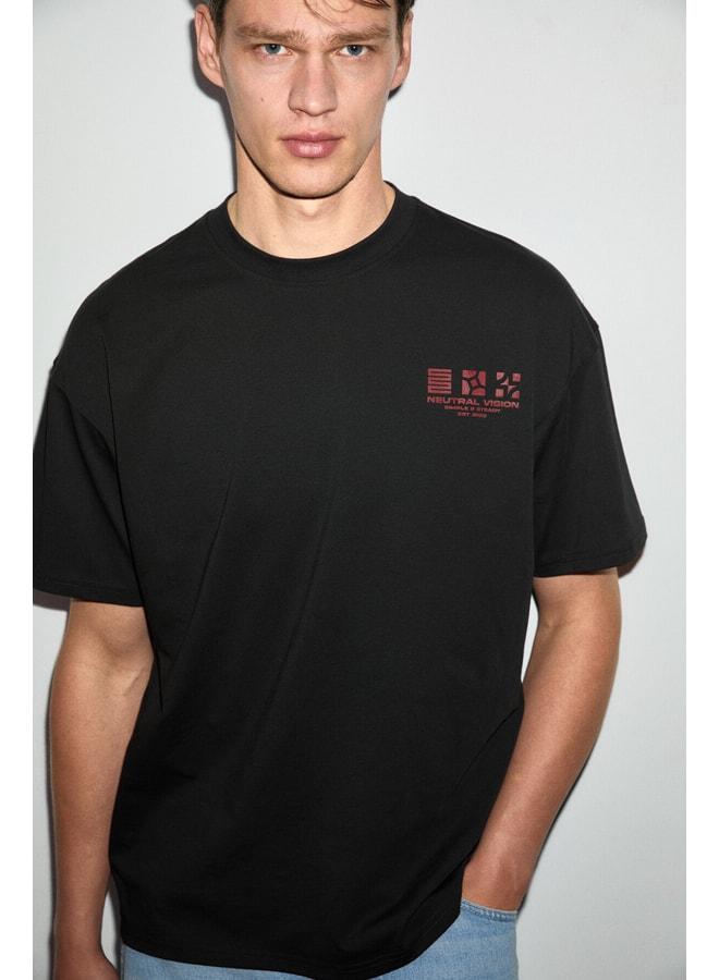 GRIMELANGE ANTONIO Men's Printed Detailed %100 Organic Cotton Knitted Oversized Black T-Shirt. - Image 1