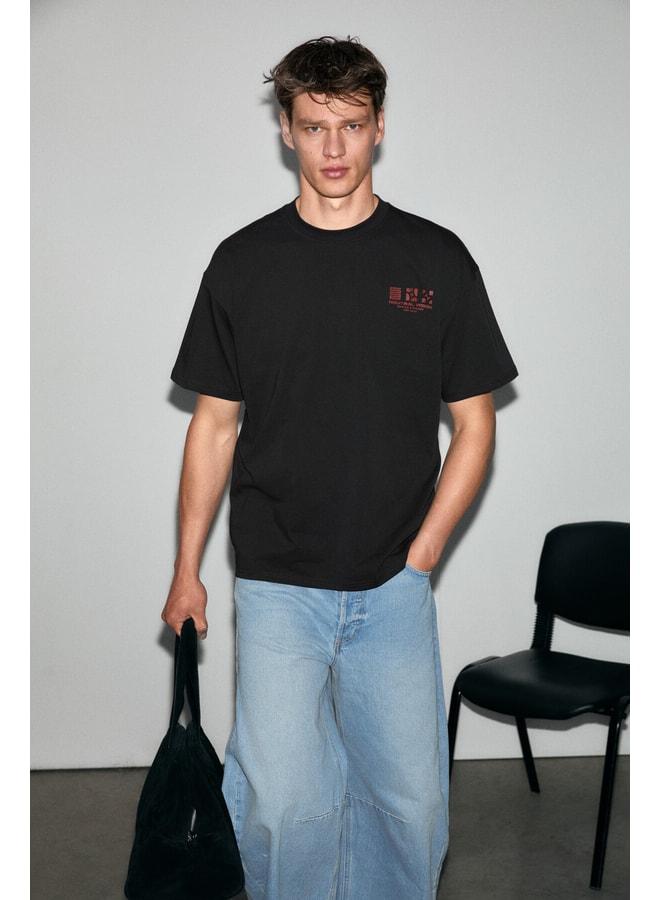 GRIMELANGE ANTONIO Men's Printed Detailed %100 Organic Cotton Knitted Oversized Black T-Shirt. - Image 3