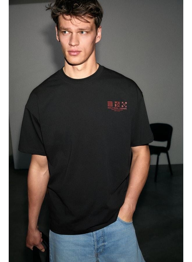 GRIMELANGE ANTONIO Men's Printed Detailed %100 Organic Cotton Knitted Oversized Black T-Shirt. - Image 2