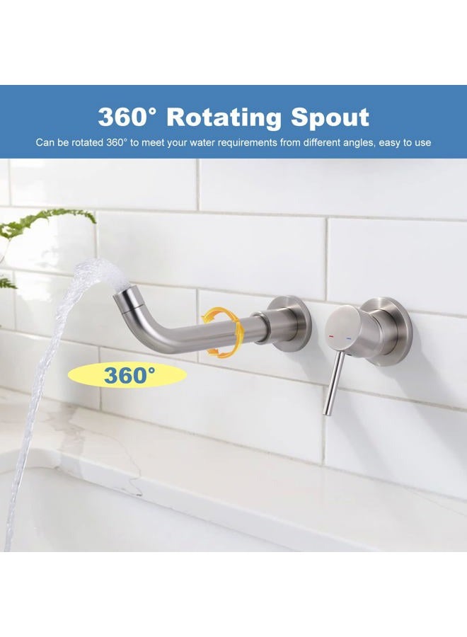Arcora Wall Mount Bathroom Faucet, Single Handle Brass Bathroom Sink Faucet, Brushed Nickel Vanity Faucet, Swivel Spout Basin Faucet with Rough-in Valve - Image 3