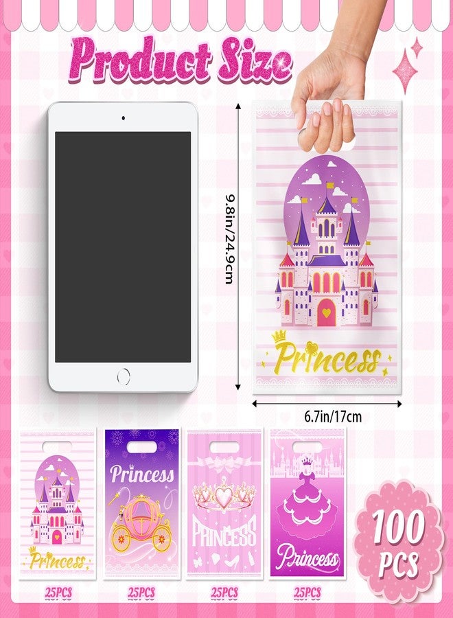 Nuesaurd 100Pcs Princess Party Favor Bags, Plastic Princess Goodie Gift Bags,4 Styles Pink 9.8"x6.7" Castle Candy Treat Bags for Kids Birthday Party Baby Shower Wedding Decorations - Image 2
