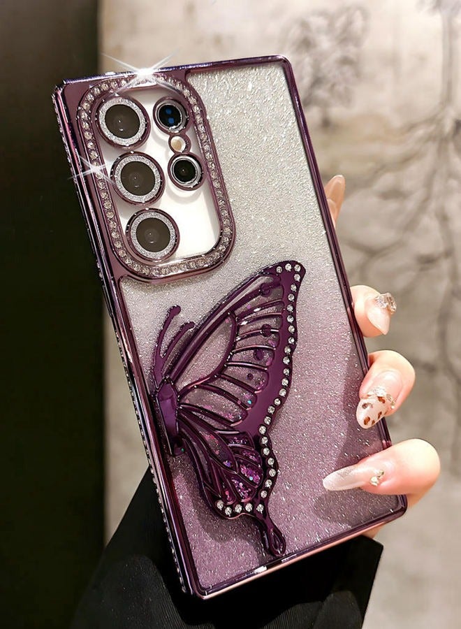 for Samsung S25 Ultra Case，Full Camera Lens Protector，Sparkly Butterfly，Diamond Edge，Glitter Bling Gradient Samsung S25 Ultra Cover，Elegant Shockproof Phone Case for Women Girls，Purple - Image 1