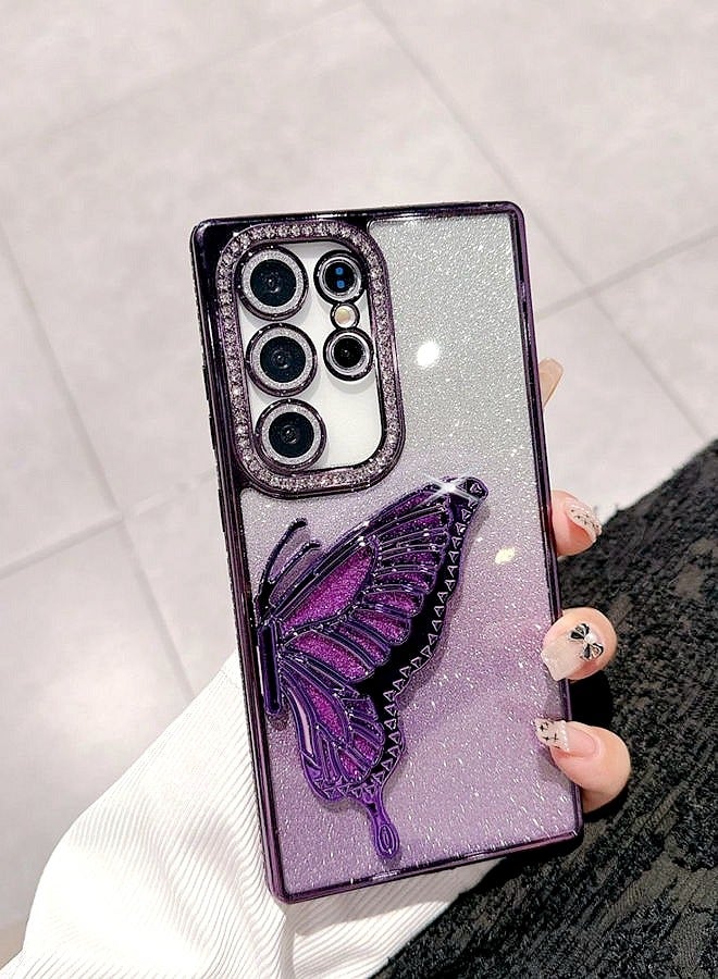 for Samsung S25 Ultra Case，Full Camera Lens Protector，Sparkly Butterfly，Diamond Edge，Glitter Bling Gradient Samsung S25 Ultra Cover，Elegant Shockproof Phone Case for Women Girls，Purple - Image 2