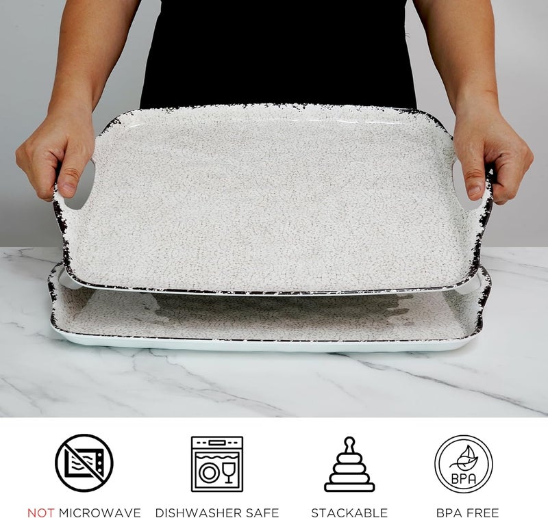 TP Serving Tray with Handles Large Rectangular Melamine Serving Platter Set of 2 Rustic White 19 x 12 - Image 3