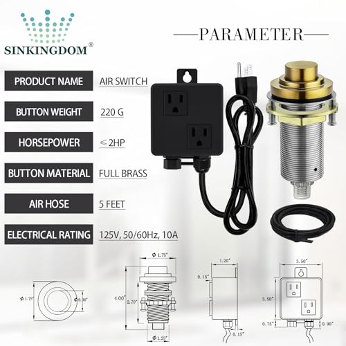 SINKINGDOM SinkTop Air Switch Kit (Long Full Brass Button) for Disposal, Dual Outlet, (Champagne Bronze) - Image 5