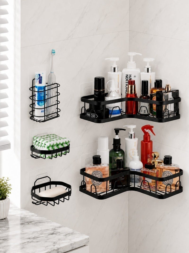 O2. Pack of 5 Black Adhesive Shower Caddy Set, No Drilling Corner Shower Shelves, Wall Mounted Bathroom Organizer with Soap Holders and Toothbrush Holder for Shower, Bathroom and Kitchen Storage - Image 4