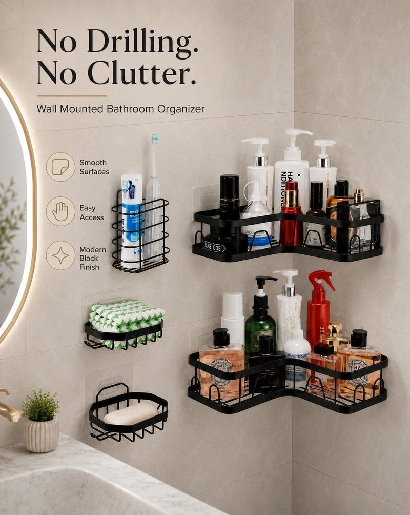 O2. Pack of 5 Black Adhesive Shower Caddy Set, No Drilling Corner Shower Shelves, Wall Mounted Bathroom Organizer with Soap Holders and Toothbrush Holder for Shower, Bathroom and Kitchen Storage - Image 2