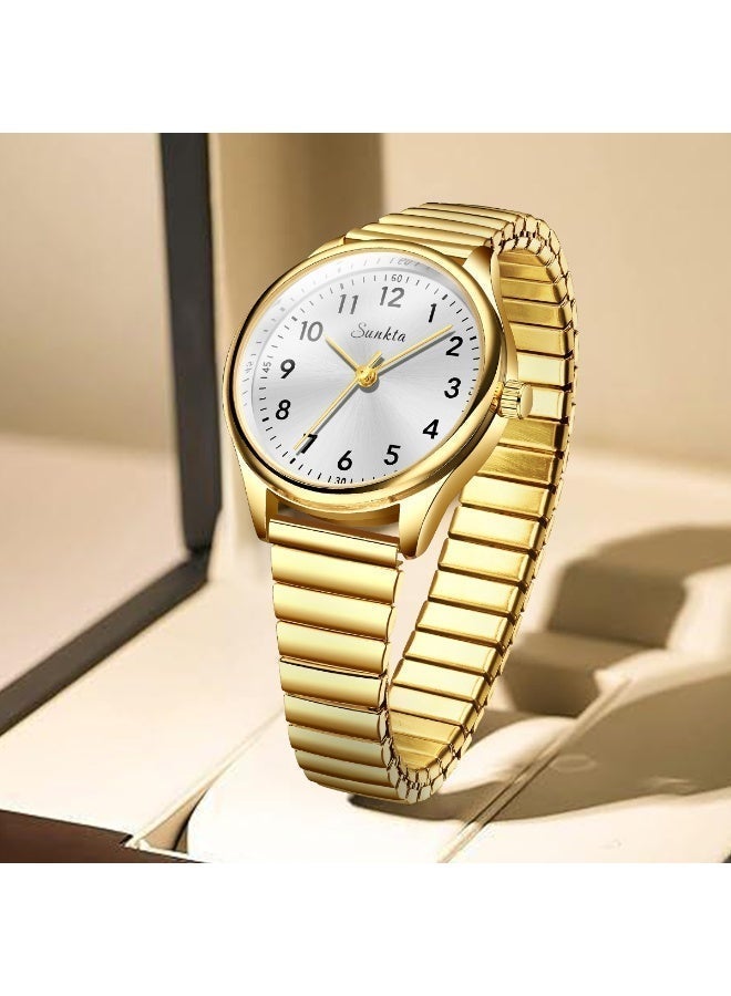 سونكتا ساعة يد نسائية كوارتز بسيطة وأنيقة وراقية بقطر 1.18 بوصة، وسلسلة من الفولاذ المقاوم للصدأ الذهبي بسمك 19 مم، وعلبة رقيقة للغاية بسمك 9 مم، مع مينا فضي. - Image 2