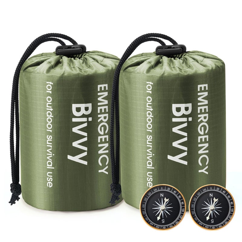 Esky Emergency Sleeping Bag with Compass, 2 Pack Survival Bag Portable Thermal Bivy Sack, Waterproof Lightweight Emergency Blanket Survival Gear for Camping Hiking Outdoor Adventure - Image 1