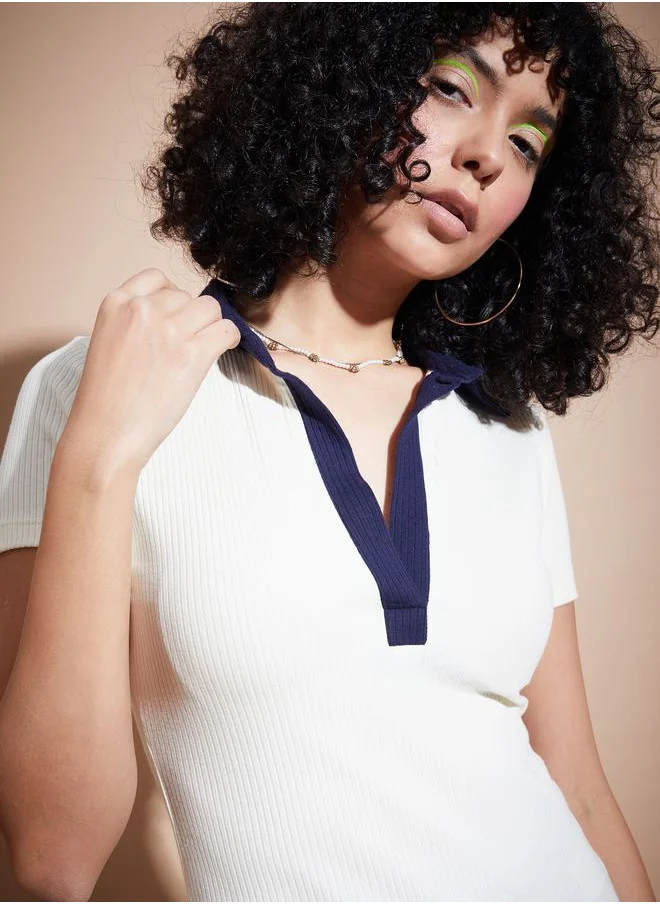 SASSAFRAS Ribbed Contrast Polo Neck Top by Styli