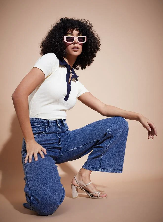 SASSAFRAS Ribbed Contrast Polo Neck Top