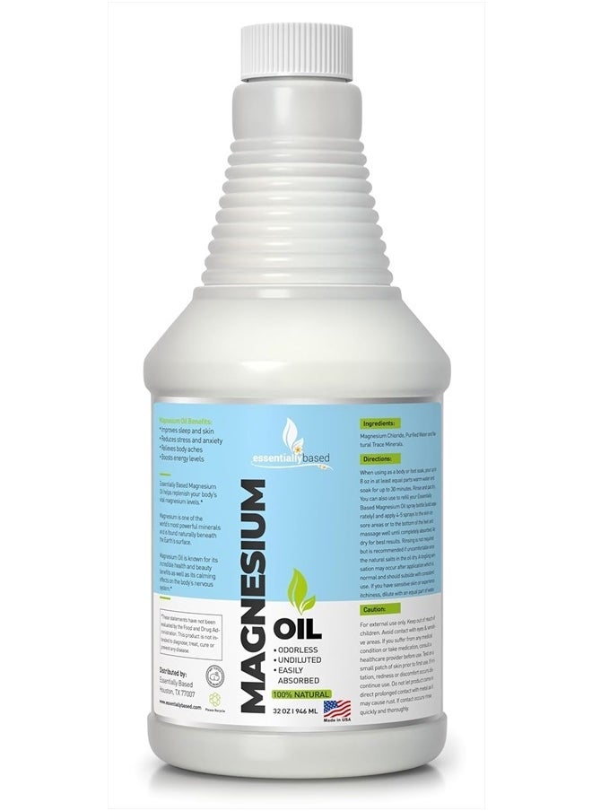 essentiallybased Magnesium Oil Spray 32oz Size - Extra Strength - 100% Pure for Less Sting - Less Itch - Essential Mineral Source - Made in USA  - Image 1