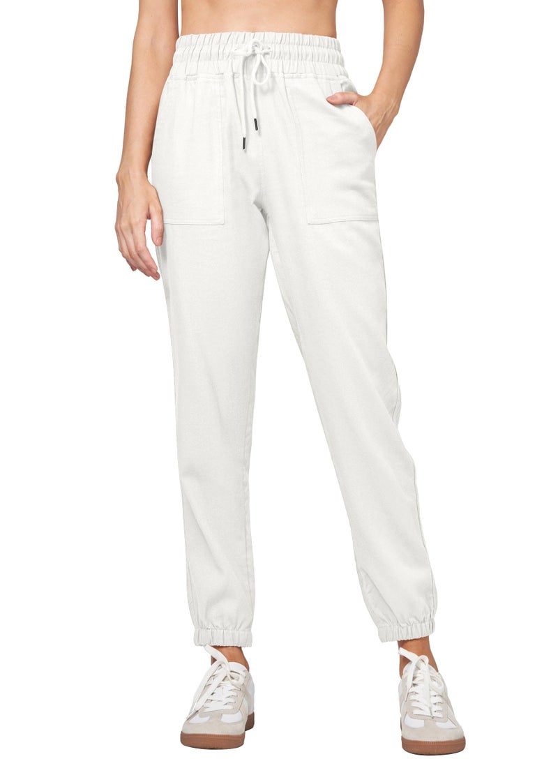 Willit Women Linen Pants Joggers Casual Lightweight Lounge Cotton Linen Travel Beach Summer Pants with Pockets 28" White M - Image 2
