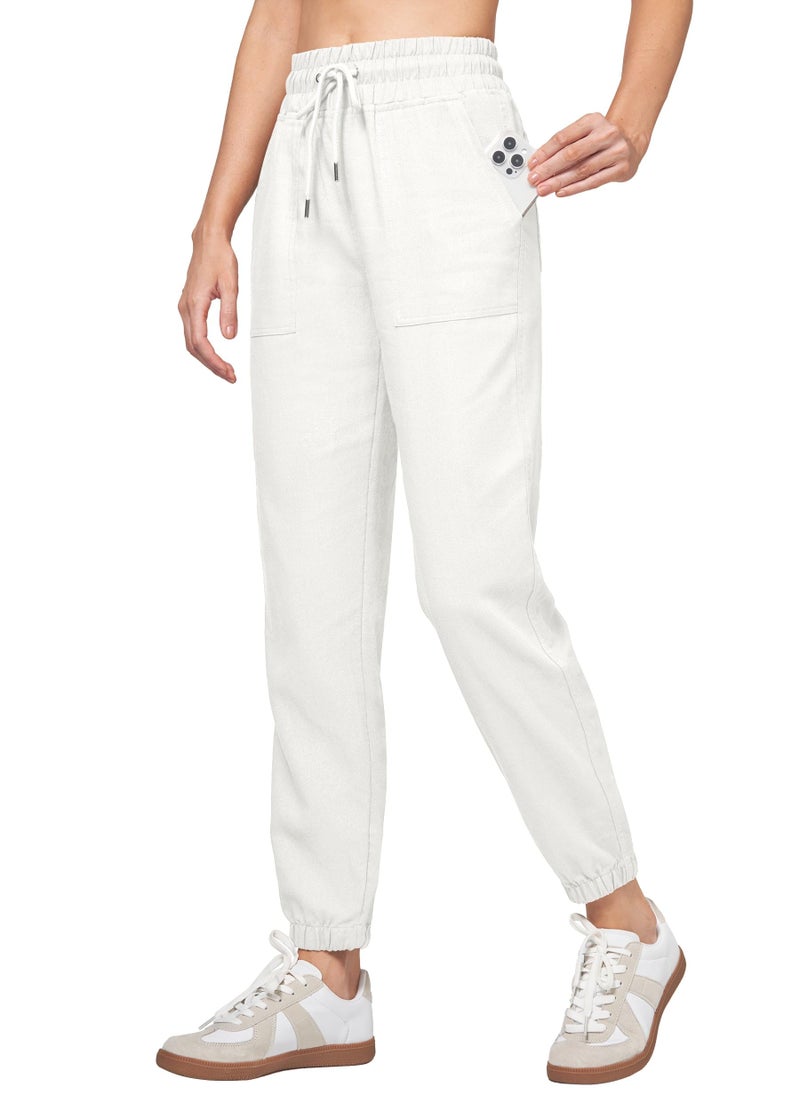 Willit Women Linen Pants Joggers Casual Lightweight Lounge Cotton Linen Travel Beach Summer Pants with Pockets 28" White M - Image 1