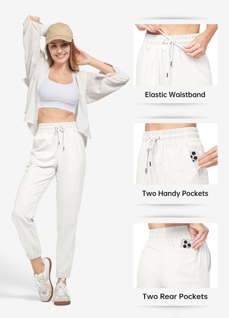 Willit Women Linen Pants Joggers Casual Lightweight Lounge Cotton Linen Travel Beach Summer Pants with Pockets 28" White M - Image 4