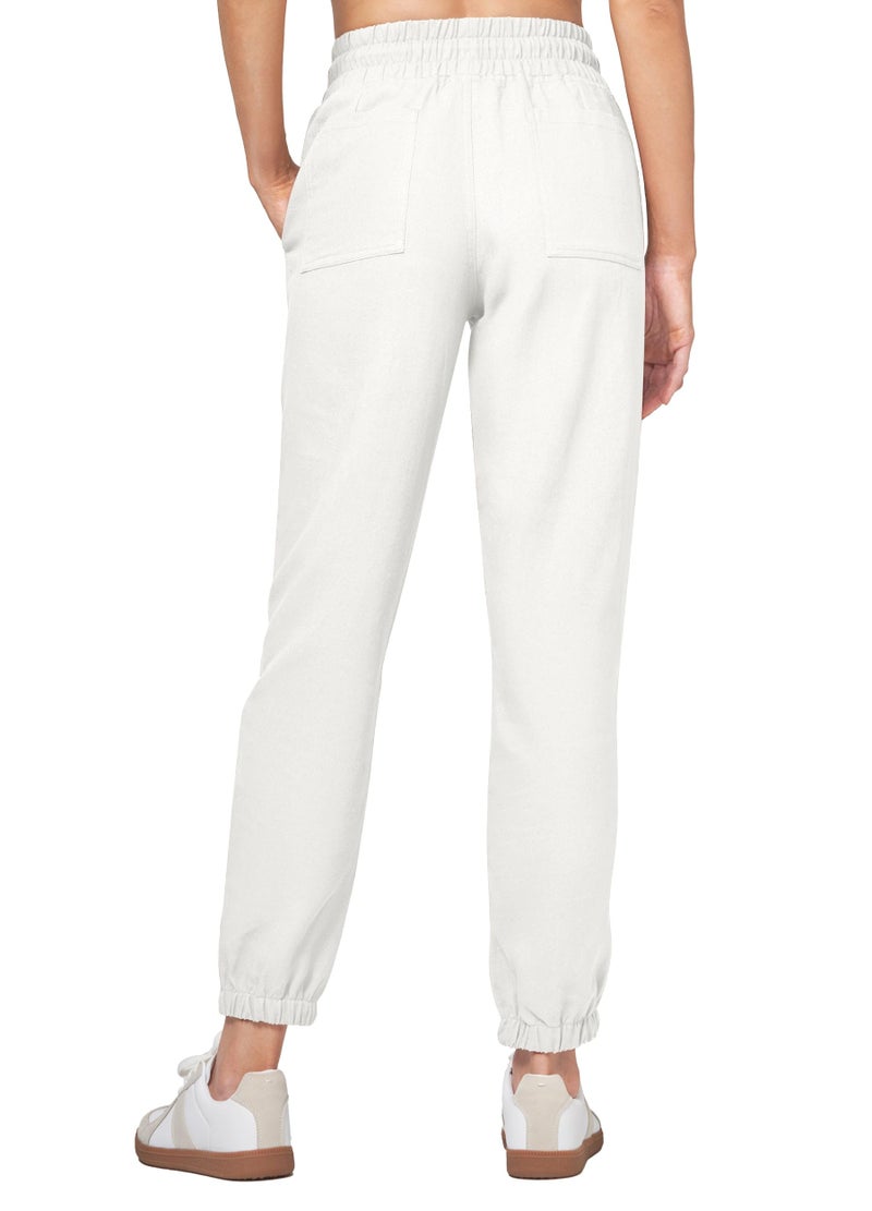 Willit Women Linen Pants Joggers Casual Lightweight Lounge Cotton Linen Travel Beach Summer Pants with Pockets 28" White M - Image 3