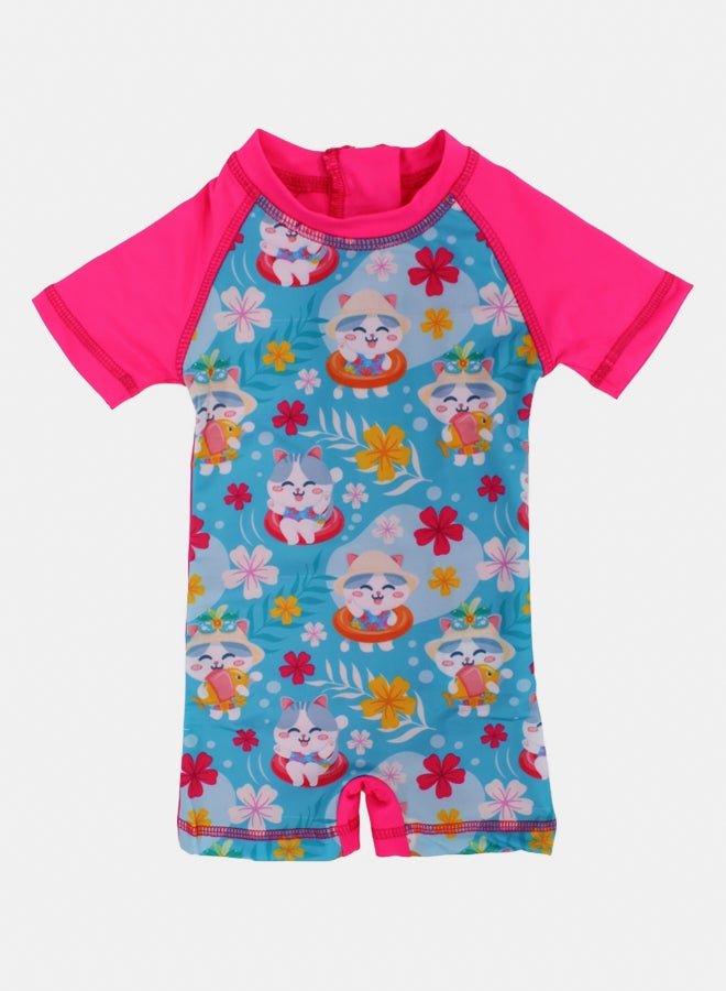 I.Wear I.Wear BABY Girls Swimsuit Overall Fuchsia Cat & Flower Design - Image 1
