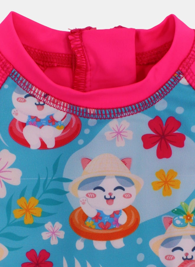 I.Wear I.Wear BABY Girls Swimsuit Overall Fuchsia Cat & Flower Design - Image 3