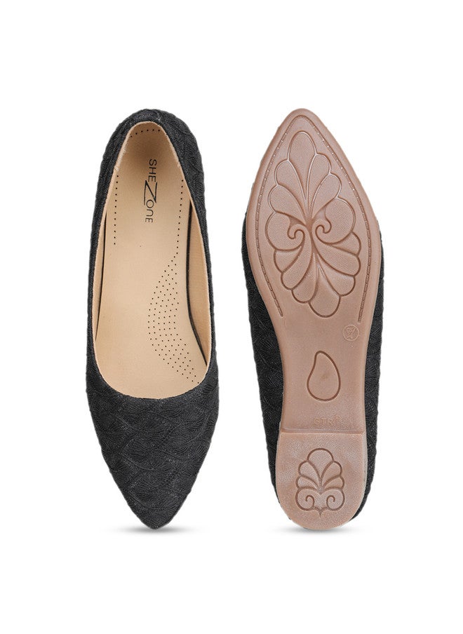 She Zone أحذية باليرينا مسطحة مزينة باللون الأسود للنساء من شيزون - Image 5