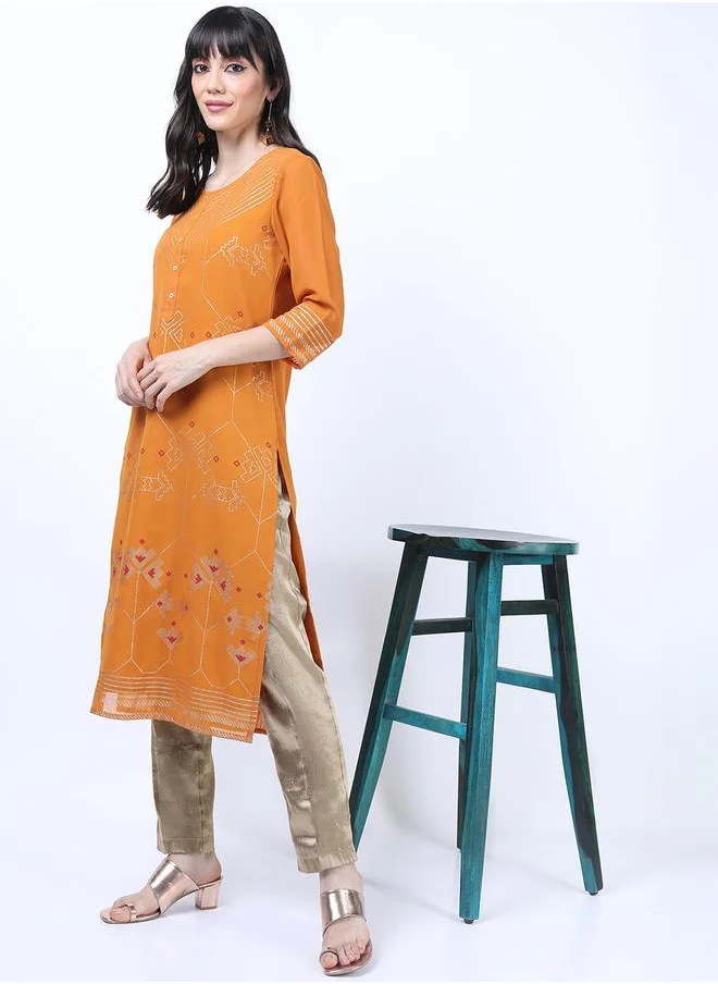 Vishudh Women Brown Ethnic Motifs Printed Straight Kurta by Styli