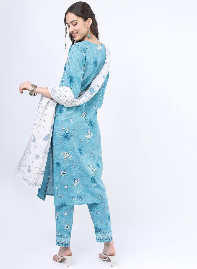 فيشود طقم كورتا نسائي أزرق مطبوع بالزهور مع دوباتا - Image 3