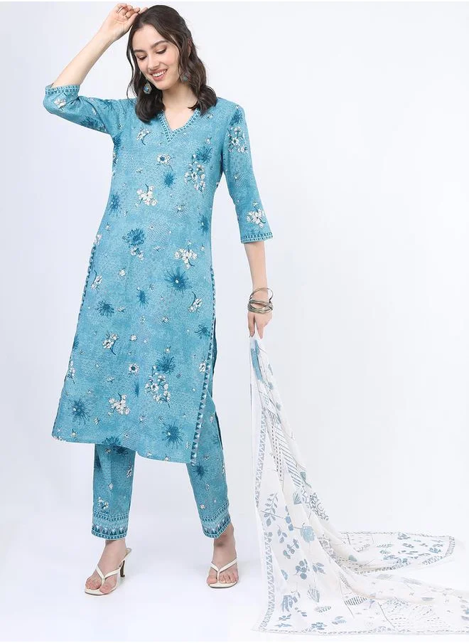 Vishudh Women Blue Floral Cotton Kurta Set with Dupatta by Styli