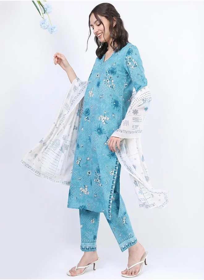 Vishudh Women Blue Floral Cotton Kurta Set with Dupatta by Styli