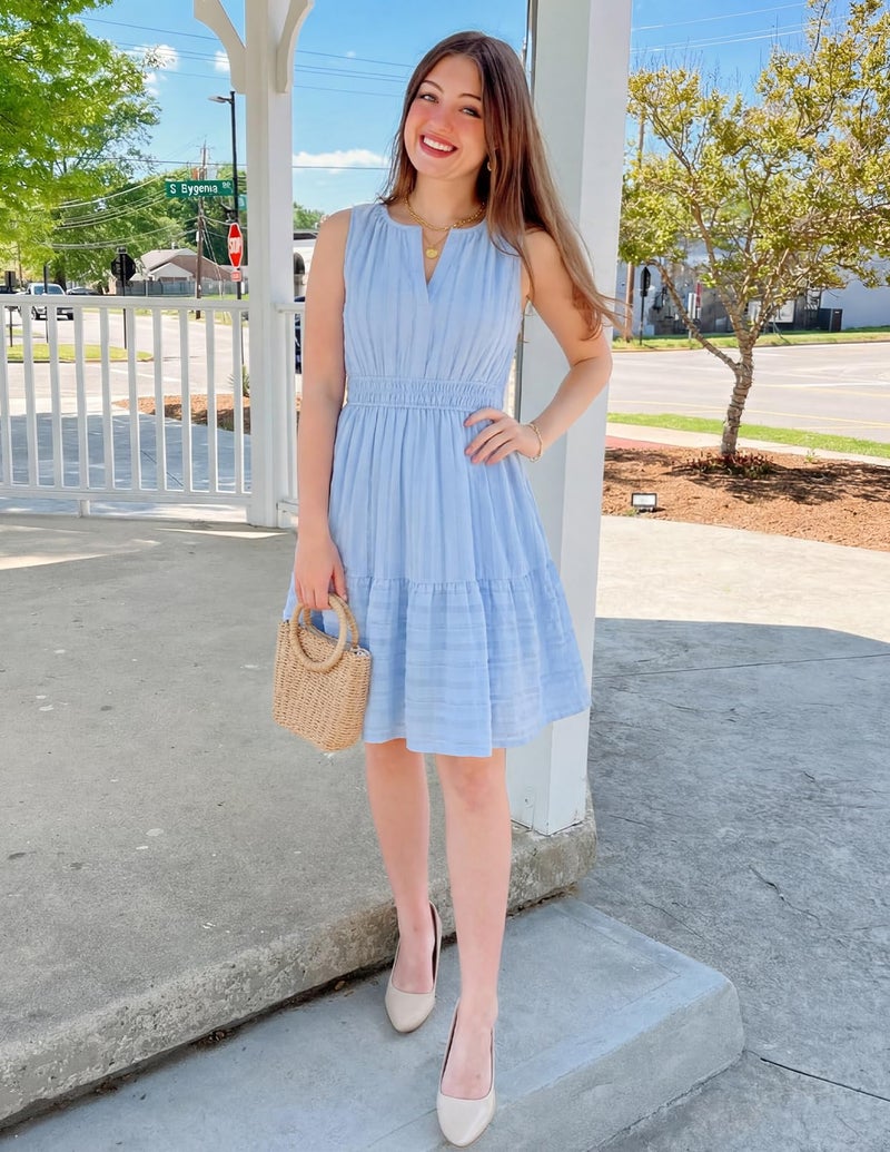 MEROKEETY Women's 2026 Summer Casual Mini Sundress Beach Vacation Sleeveless V Neck Flowy A Line Dress with Pockets, Blue, Large - Image 5