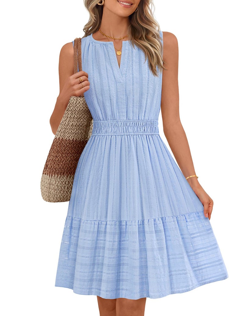 MEROKEETY Women's 2026 Summer Casual Mini Sundress Beach Vacation Sleeveless V Neck Flowy A Line Dress with Pockets, Blue, Large - Image 1