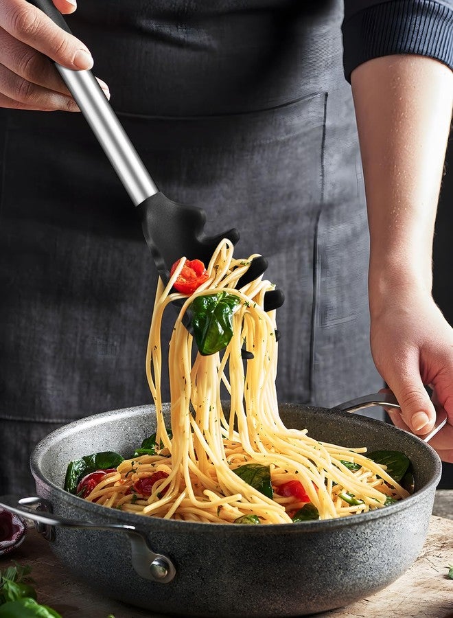 DaiRen Kitchen ملعقة معكرونة وملقط معكرونة، ملعقة سيليكون غير لاصقة وشوكة تقديم بأسنان ومقبض من الفولاذ المقاوم للصدأ، ملقط معكرونة، مشبك طعام لمكرونة السباغيتي (أسود) - Image 5