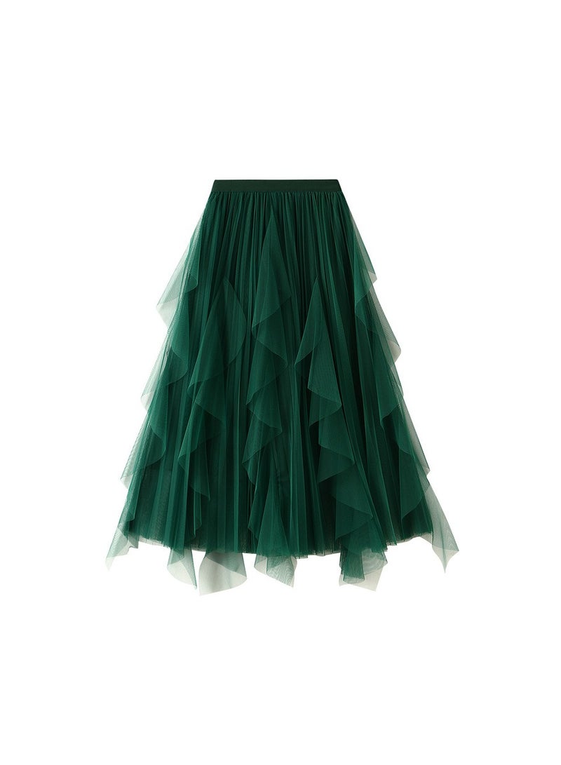 Loquat Women's High Waisted Ruffled Edge Patchwork Mesh Skirt Green  - Image 1