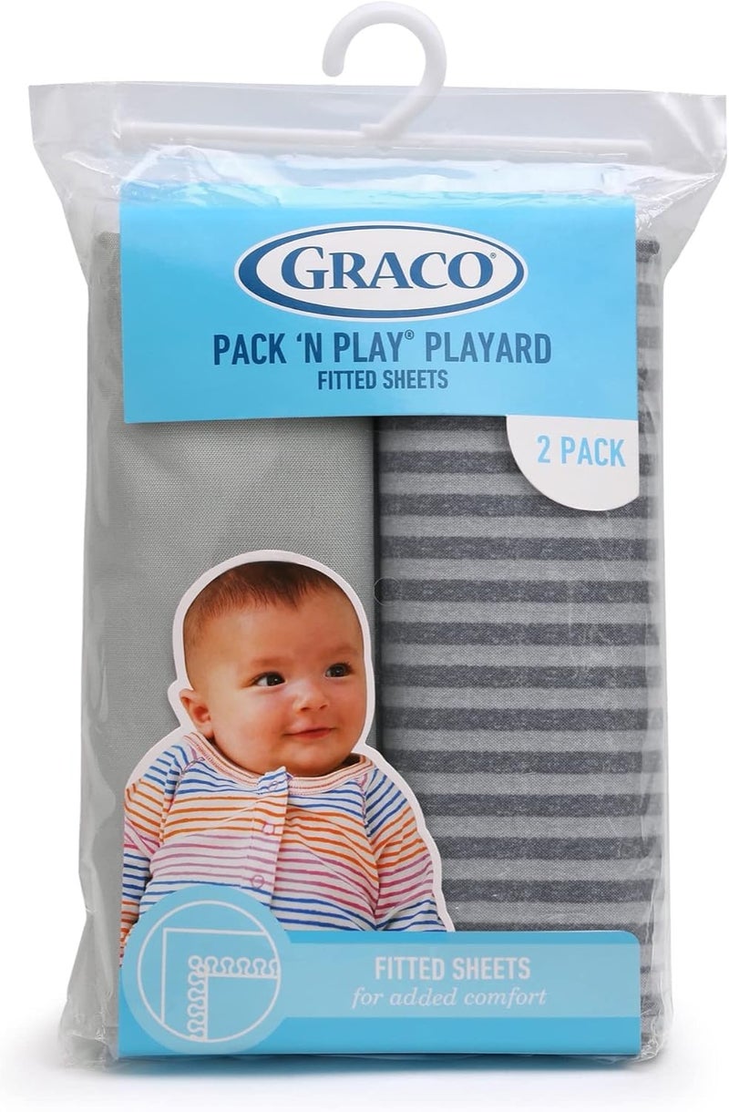 Graco Pack ‘n Play Playard Fitted Sheets - 2 Pack in Stripes and Grey - Image 2