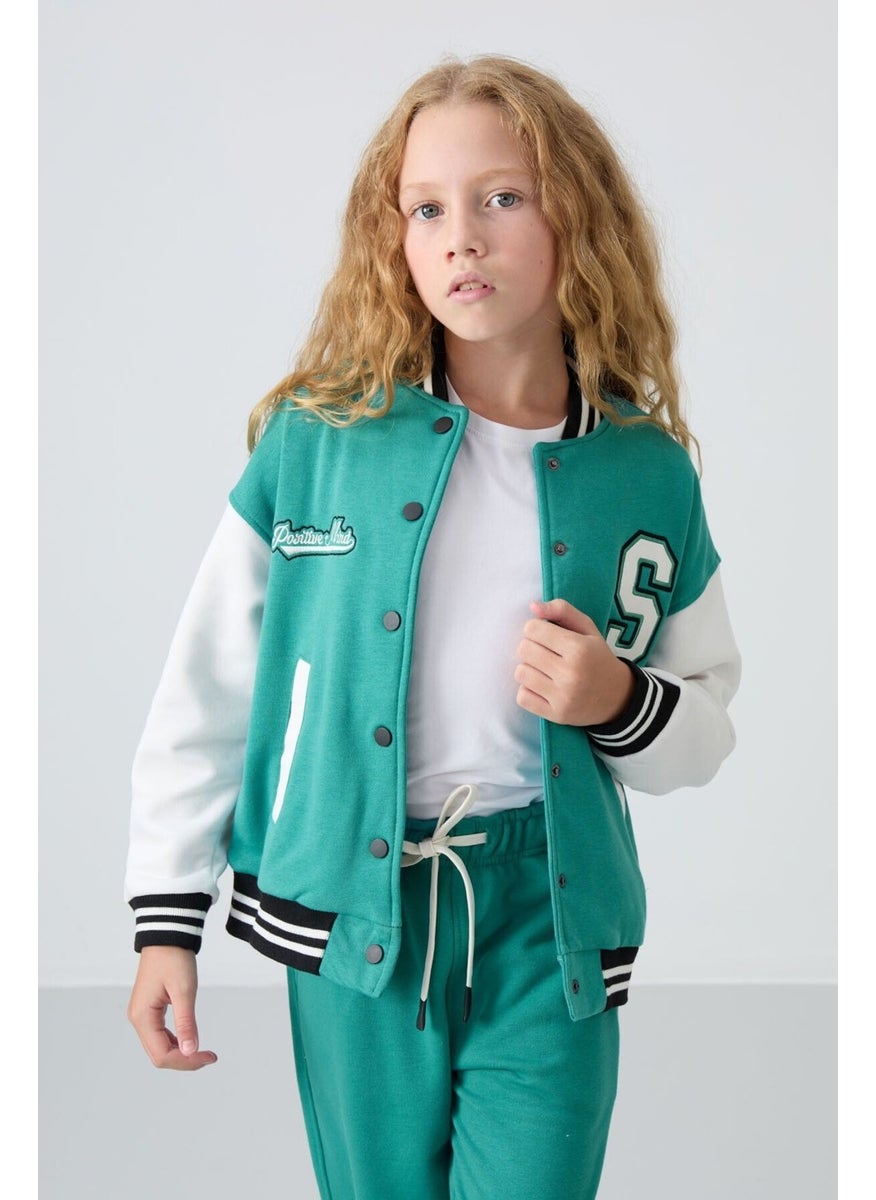 Tommy Life - Navy Green Cotton Lined Soft Textured Standard Fit Embroidered Girls College Jacket - 75163 - Image 1