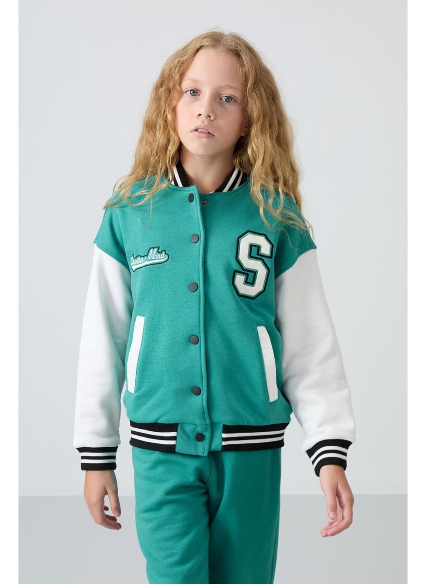 Tommy Life - Navy Green Cotton Lined Soft Textured Standard Fit Embroidered Girls College Jacket - 75163 - Image 1