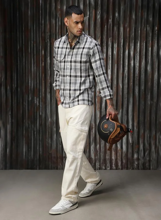 HIGH STAR Men Releaxed Fit Tartan Checks Textured Checked Utility Casual Shirt