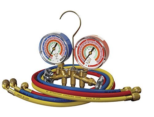 Mastercool 59136 2Way Heavy Duty Brass Manifold Gauge Set with 3 18 SiliconeDampened Gauges and 14 SAE Fittings for R410a R22 R404A  US Assembled  Tested with 36 Hoses