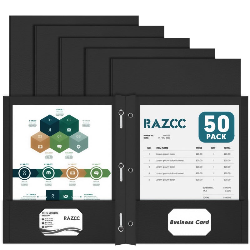 RAZCC 50 Pack Two Pocket Folders With Prongs, 3 Prong Folders Fit Letter Size Paper, File Folders for School Office Home Business, Black - Image 1