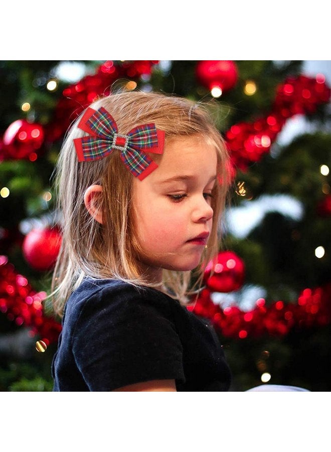 DINPREY Christmas Rhinestone Plaid Hair Bows for Toddler Kids Girls, 4inch Christmas Bowknot Hairpin Plaid Lattice Bow Hair Alligator Clip Accessories for Toddler Baby New Year Xmas Gifts (4 Pair Rhinestone - Image 3