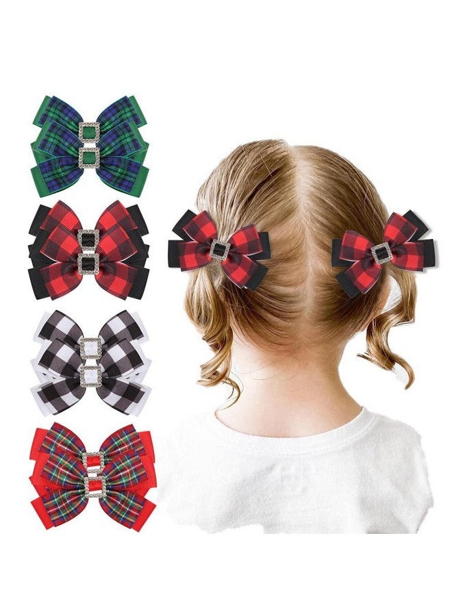 DINPREY Christmas Rhinestone Plaid Hair Bows for Toddler Kids Girls, 4inch Christmas Bowknot Hairpin Plaid Lattice Bow Hair Alligator Clip Accessories for Toddler Baby New Year Xmas Gifts (4 Pair Rhinestone - Image 1