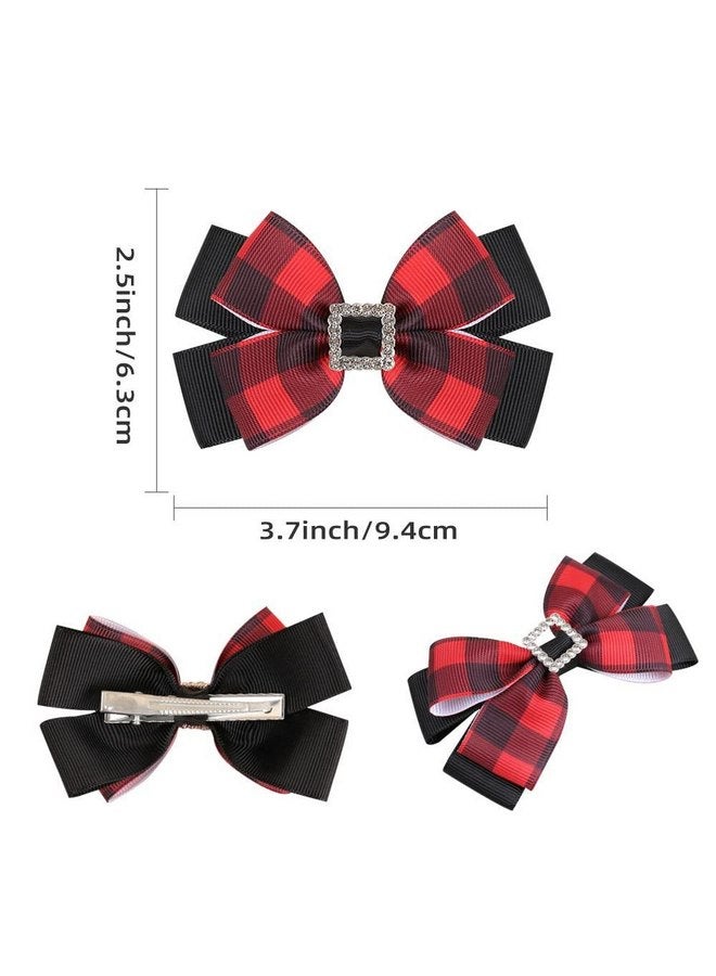 DINPREY Christmas Rhinestone Plaid Hair Bows for Toddler Kids Girls, 4inch Christmas Bowknot Hairpin Plaid Lattice Bow Hair Alligator Clip Accessories for Toddler Baby New Year Xmas Gifts (4 Pair Rhinestone - Image 2