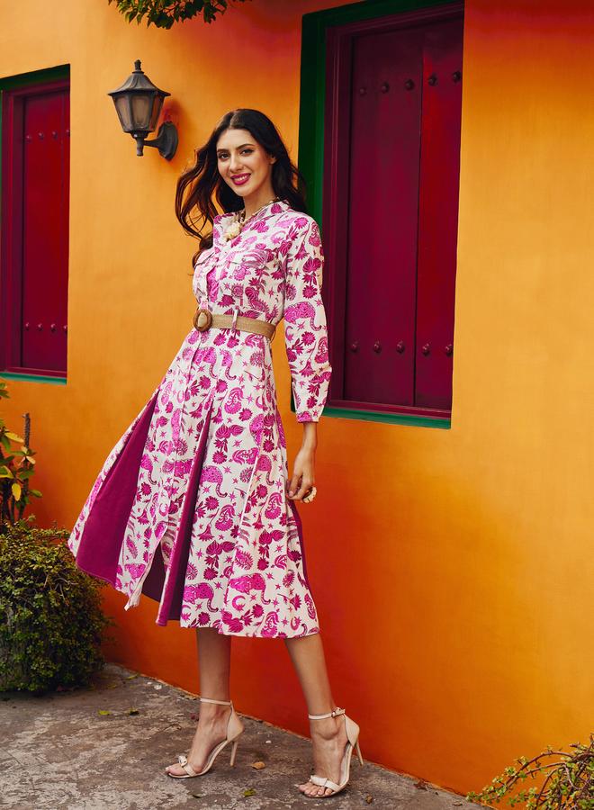 SASSAFRAS Pink All Over Print Pleated Midi Dress - Image 3