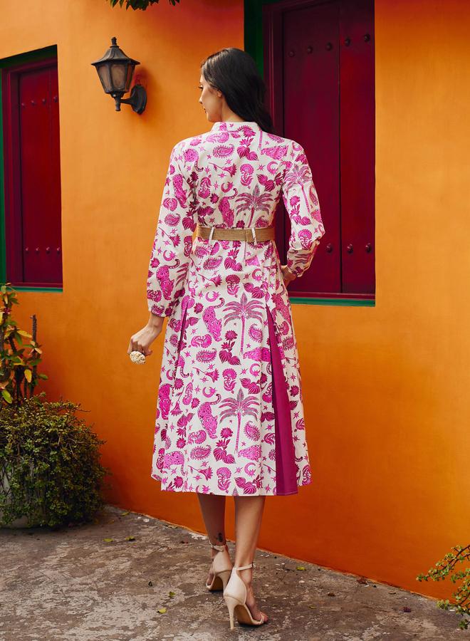 SASSAFRAS Pink All Over Print Pleated Midi Dress - Image 5