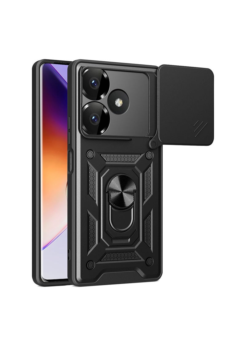 Generic Xiaomi POCO M6 4G/ Redmi 13 4G/5G Case Cover, Slide Camera Lens Cover + 360°Rotating Kickstand Ring + Support Magnetic Car Mount Shockproof Mobile Phone Case Black  - Image 1