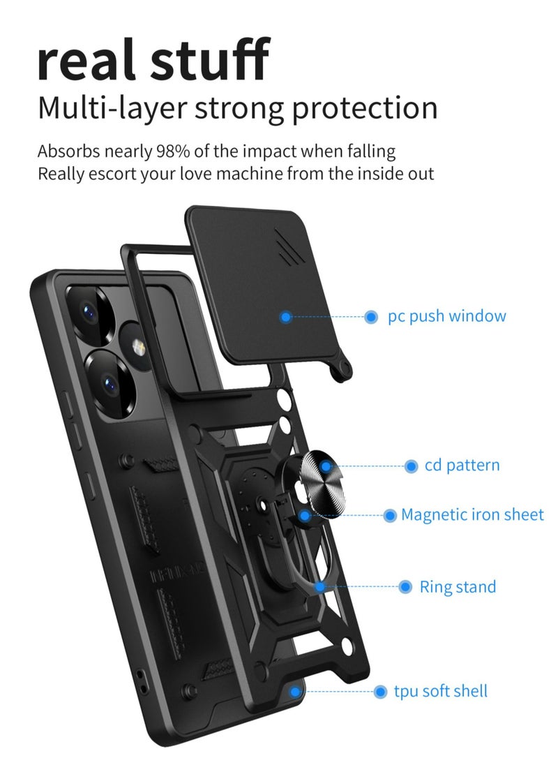 Generic Xiaomi POCO M6 4G/ Redmi 13 4G/5G Case Cover, Slide Camera Lens Cover + 360°Rotating Kickstand Ring + Support Magnetic Car Mount Shockproof Mobile Phone Case Black  - Image 2