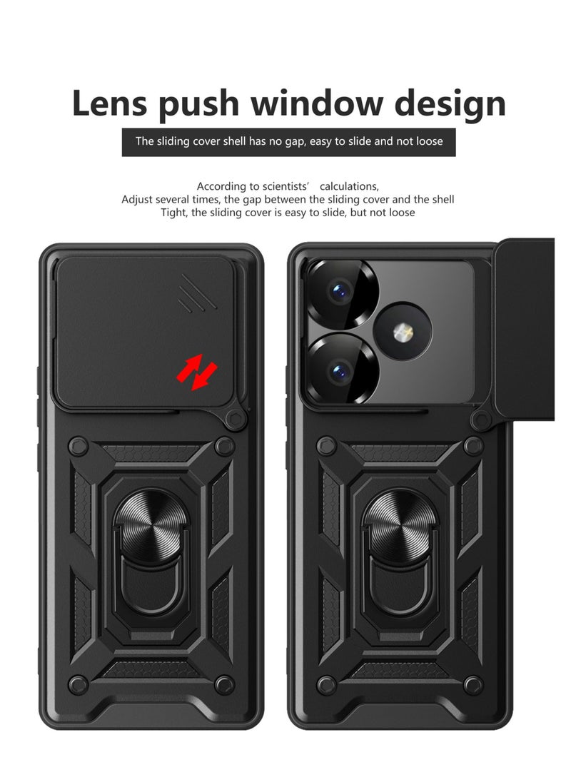 Generic Xiaomi POCO M6 4G/ Redmi 13 4G/5G Case Cover, Slide Camera Lens Cover + 360°Rotating Kickstand Ring + Support Magnetic Car Mount Shockproof Mobile Phone Case Black  - Image 3
