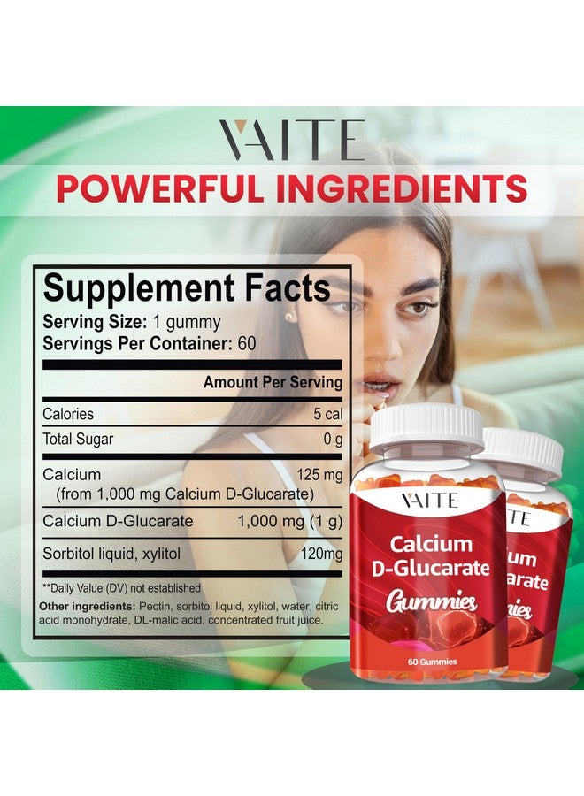 VAITE جواهر الكالسيوم D-غلوكارات 1000 ملغ - مكمل تنظيف CDG للرجال والنساء، توازن استقلاب الهرمونات ودعم انقطاع الطمث، غير معدّل وراثيًا، نباتي، خالي من الغلوتين، خالي من الصويا، 60 قطعة جواهر قابلة للمضغ - Image 3