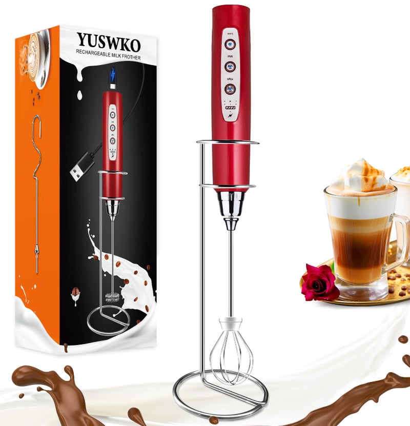YUSWKO Red Rechargeable Milk Frother for Coffee with Stand Handheld Drink Mixer with 3 Heads 3 Speeds Electric Stirrers for Latte Cappuccino Hot Chocolate Egg